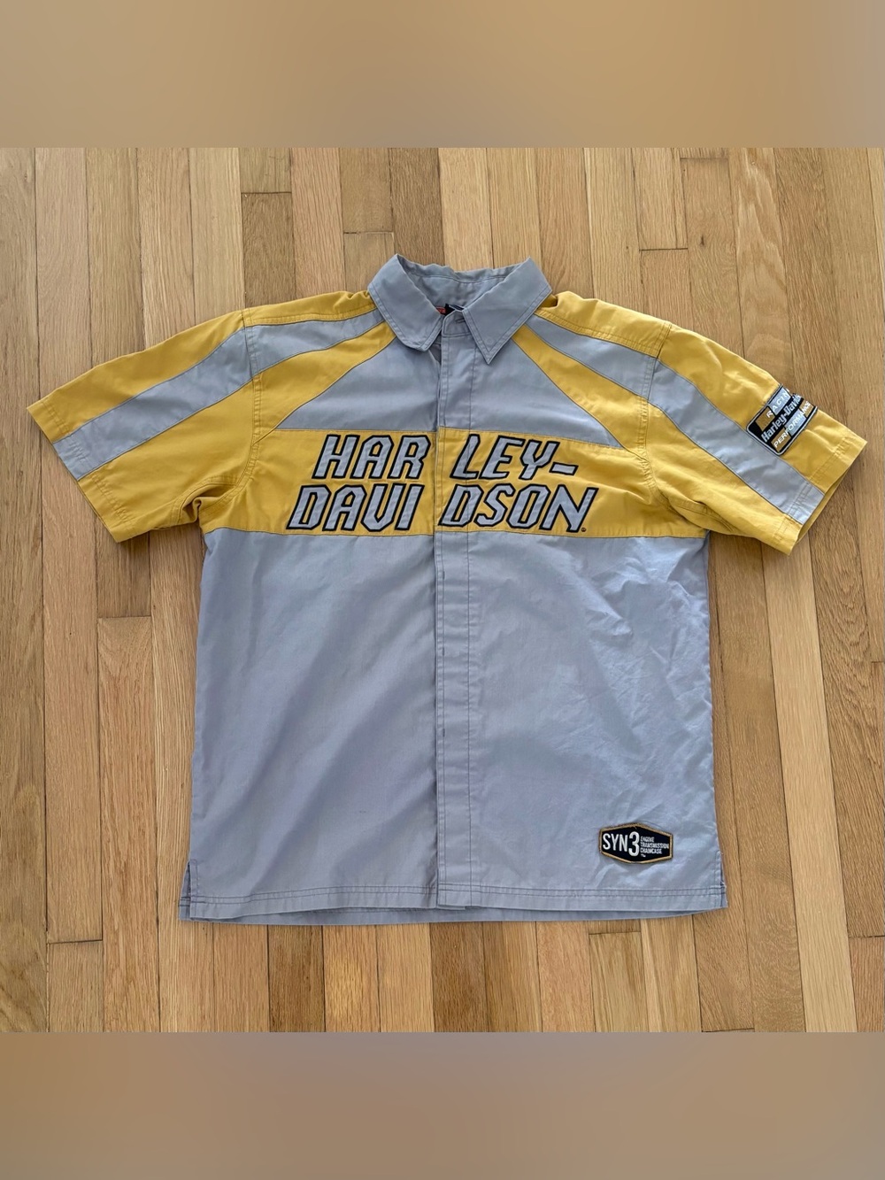 Vintage Harley Davidson Mechanic Shirt Mens L Gray Yellow Syn3 Work Button Up